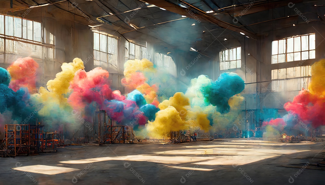Dentro do armazém vazio, nuvens de fumaça amarela azul-roxa, colorida e brilhante, flutuam no ar