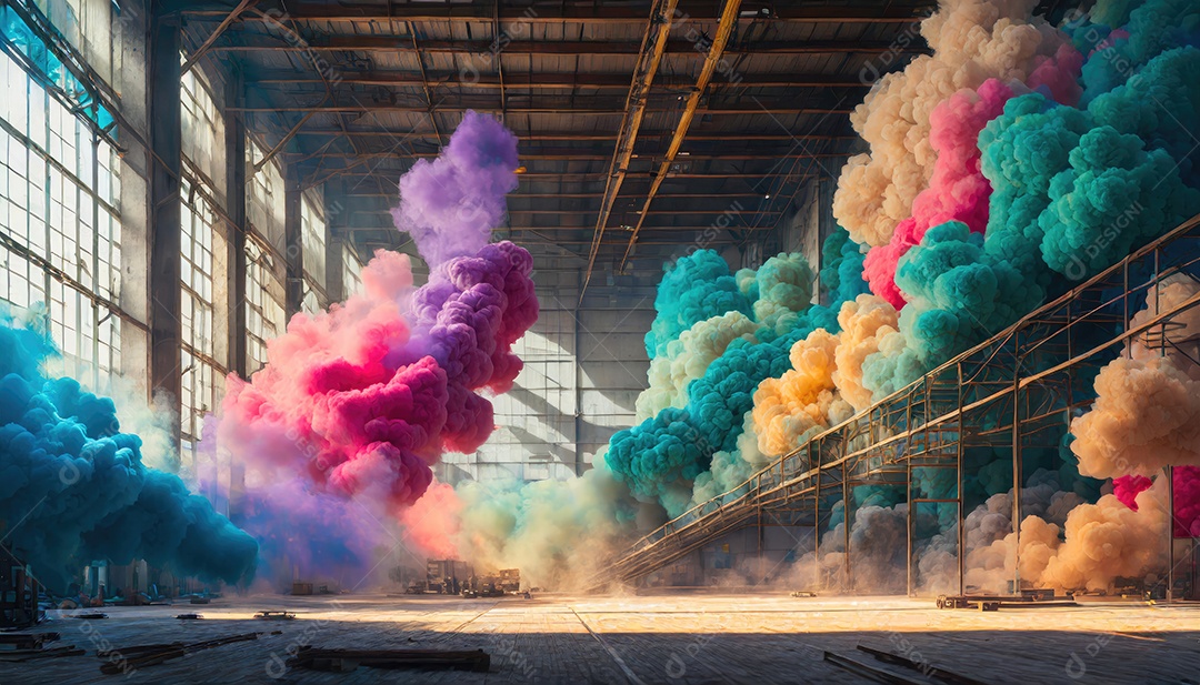 Dentro do armazém vazio, nuvens de fumaça de cores aleatórias brilhantes flutuam no ar