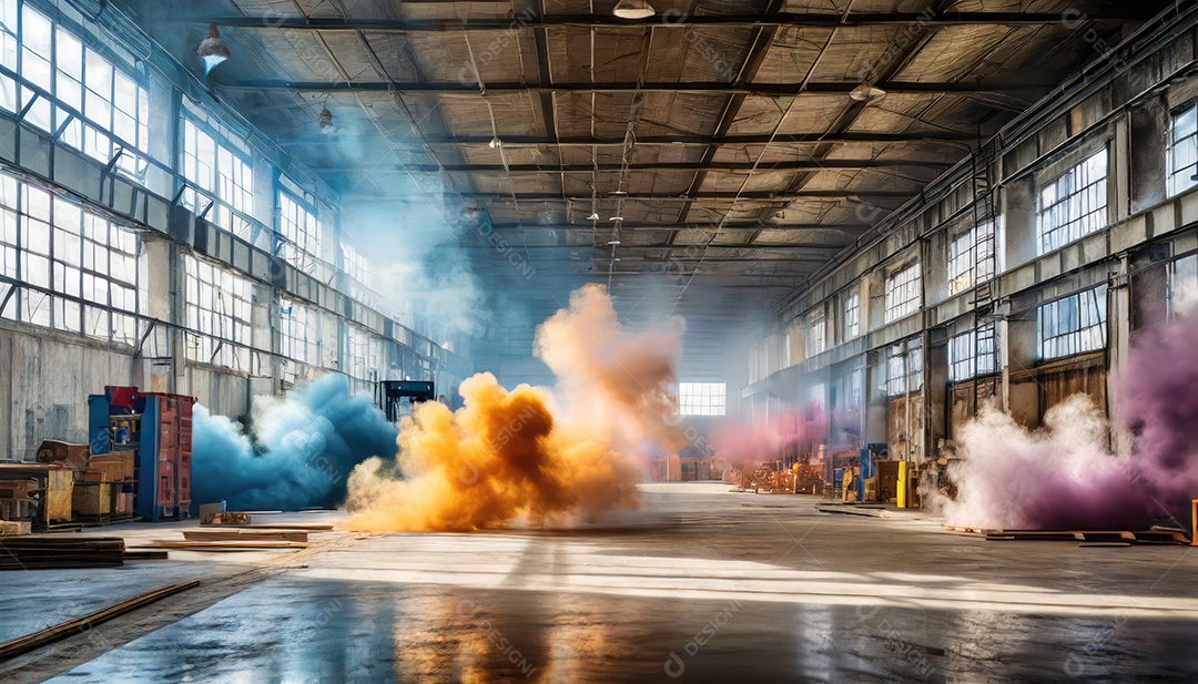 Dentro do armazém vazio, nuvens de fumaça de cores aleatórias brilhantes flutuam no ar