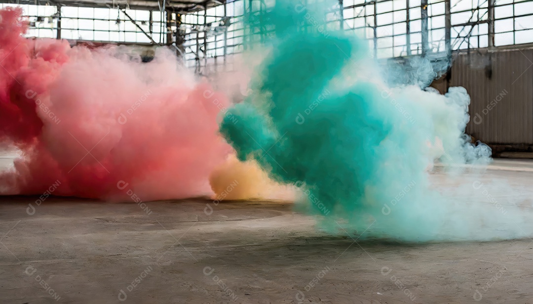 Dentro do armazém vazio, nuvens de fumaça de cores aleatórias brilhantes flutuam no ar