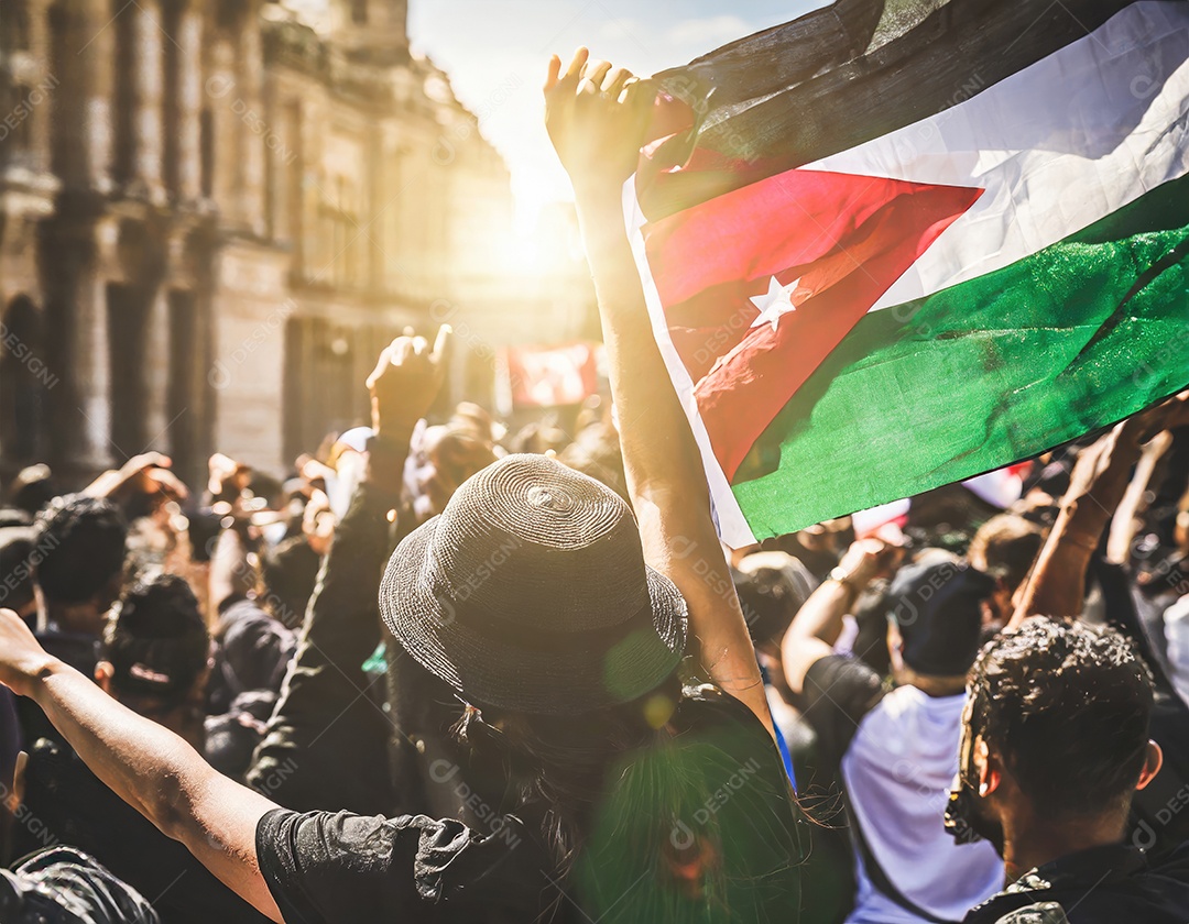 Protesto pela liberdade palestina Firefly, pessoas desfocadas, reflexo luminoso do sol