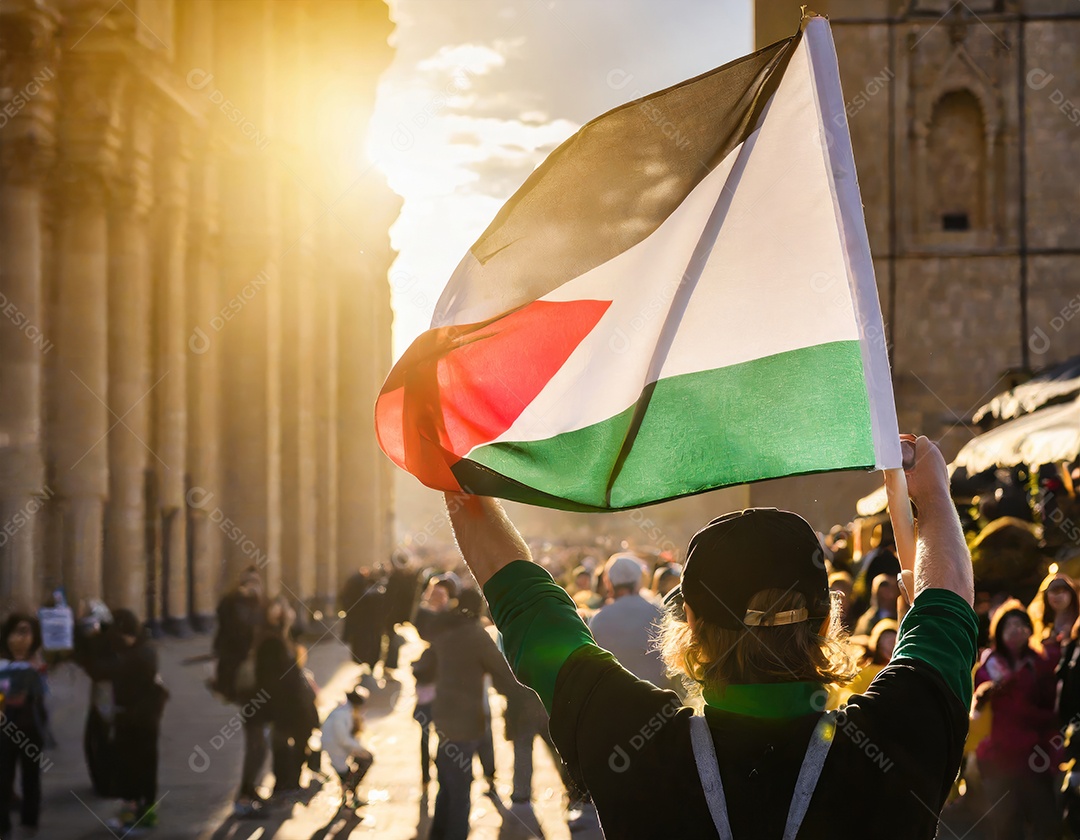 Protesto pela liberdade palestina Firefly, pessoas desfocadas, reflexo luminoso do sol