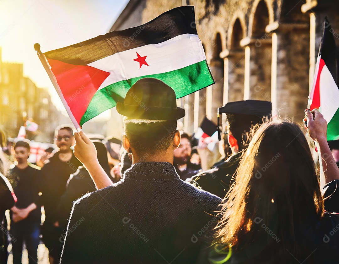 Protesto pela liberdade palestina Firefly, pessoas desfocadas, reflexo luminoso do sol