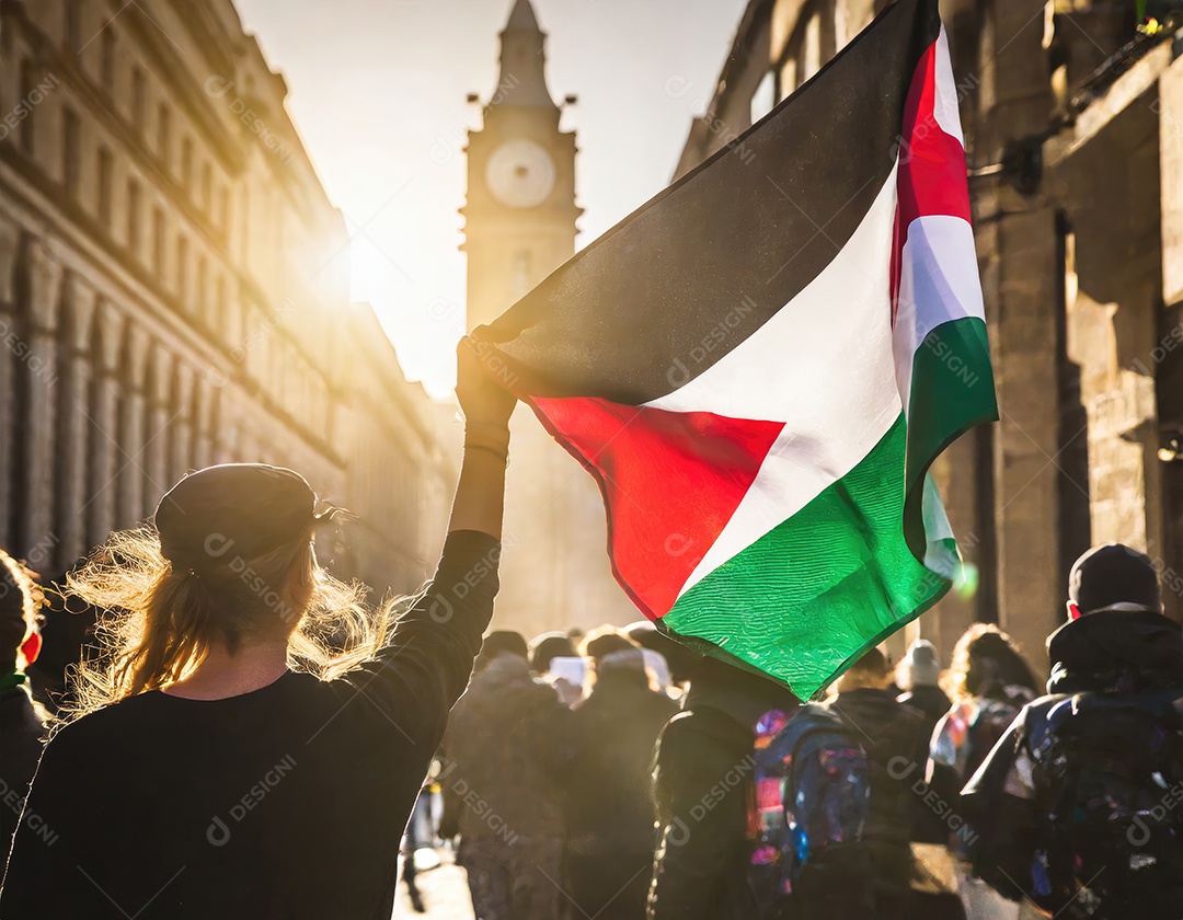 Protesto pela liberdade palestina Firefly, pessoas desfocadas, reflexo luminoso do sol