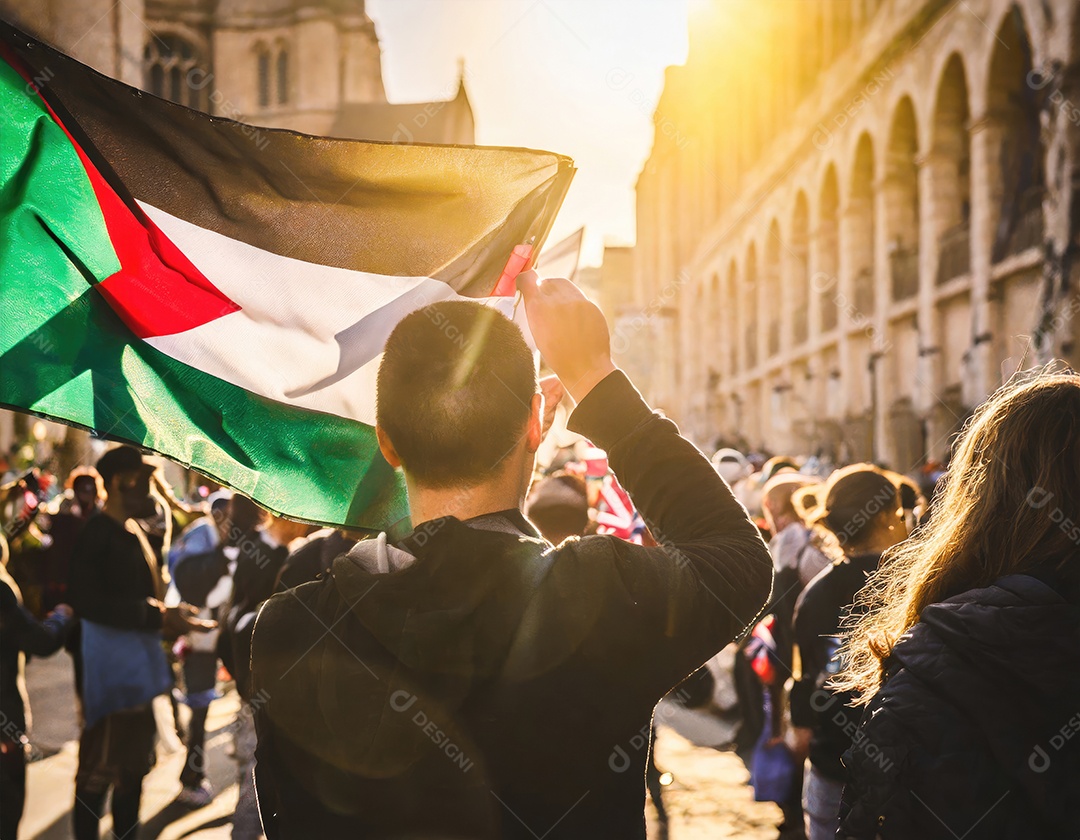 Protesto pela liberdade palestina Firefly, pessoas desfocadas, reflexo luminoso do sol