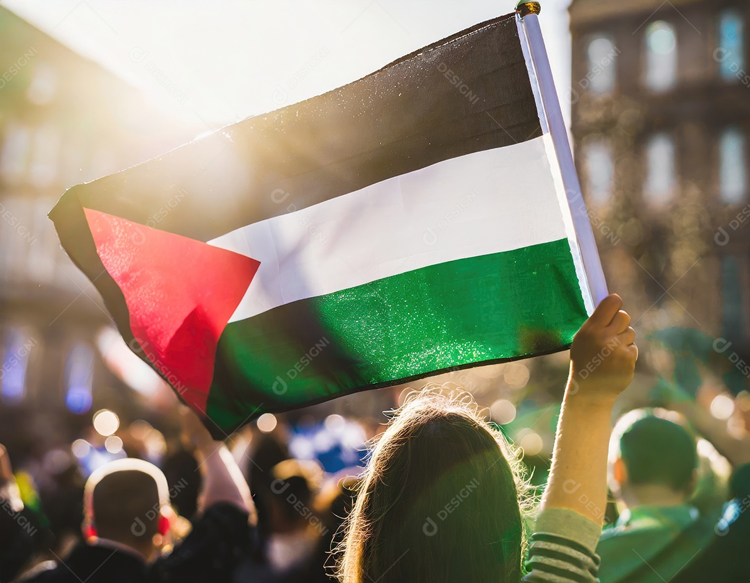 Protesto pela liberdade palestina Firefly, pessoas desfocadas, reflexo luminoso do sol
