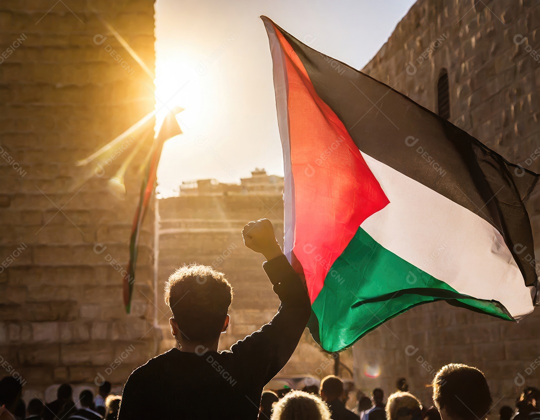 Protesto pela liberdade palestina Firefly, pessoas desfocadas, reflexo luminoso do sol
