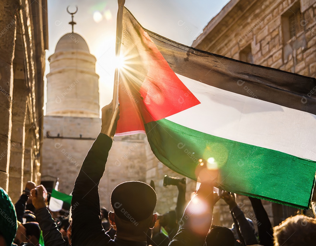 Protesto pela liberdade palestina Firefly, pessoas desfocadas, reflexo luminoso do sol