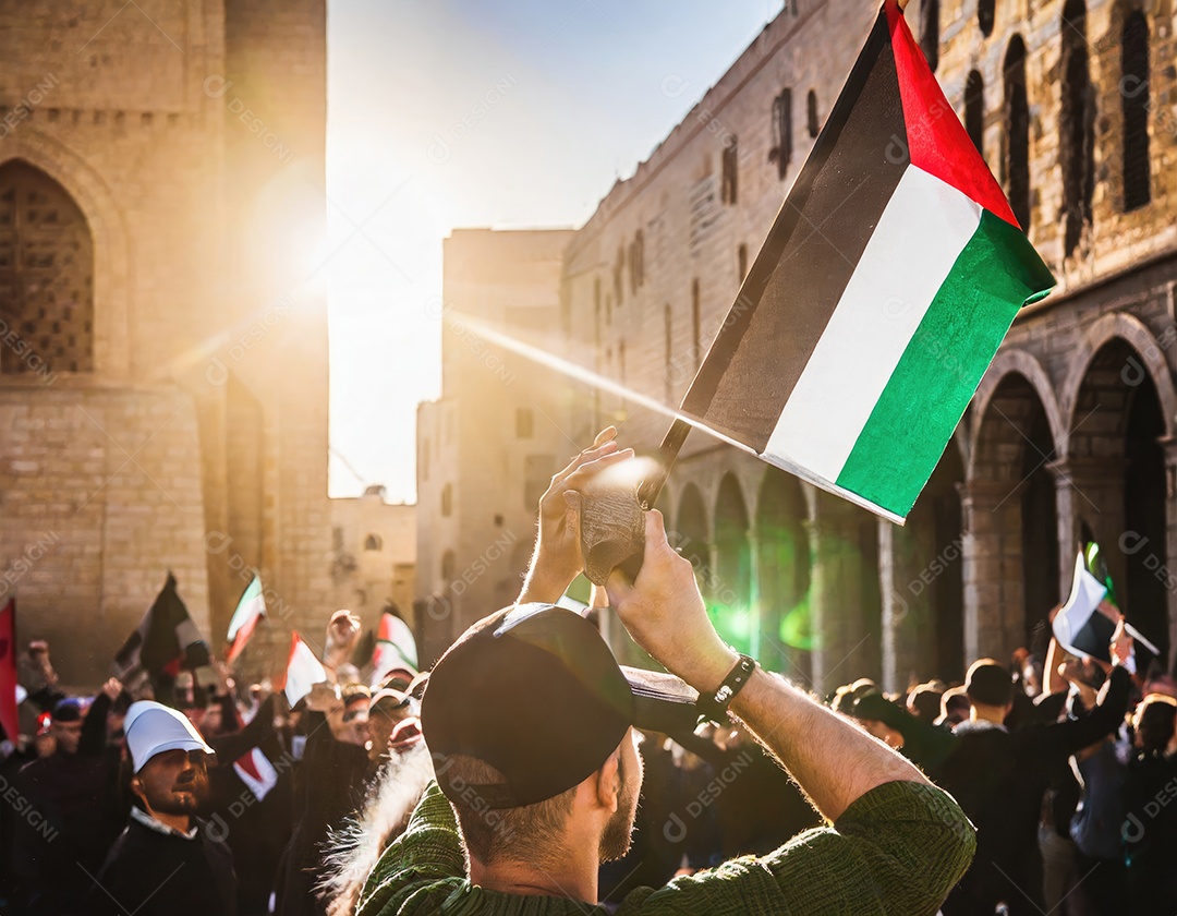 Protesto pela liberdade palestina Firefly, pessoas desfocadas, reflexo luminoso do sol
