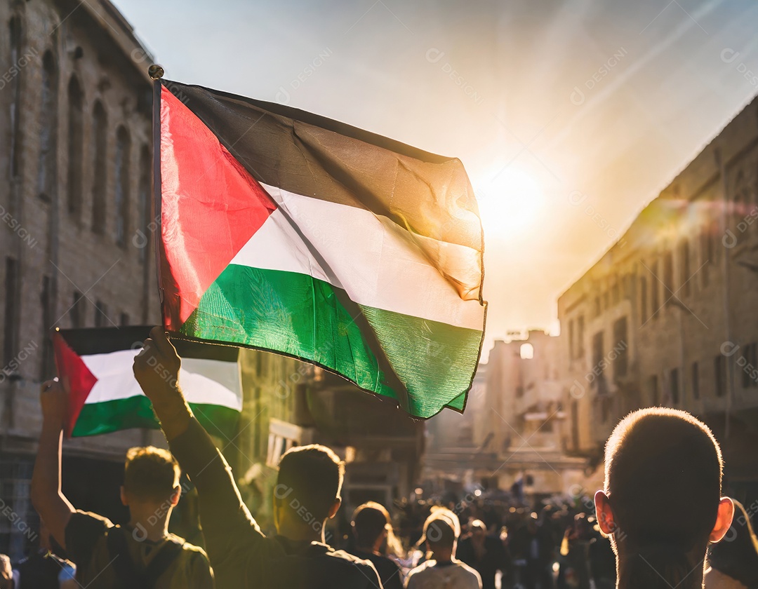 Protesto pela liberdade palestina Firefly, pessoas desfocadas, reflexo luminoso do sol