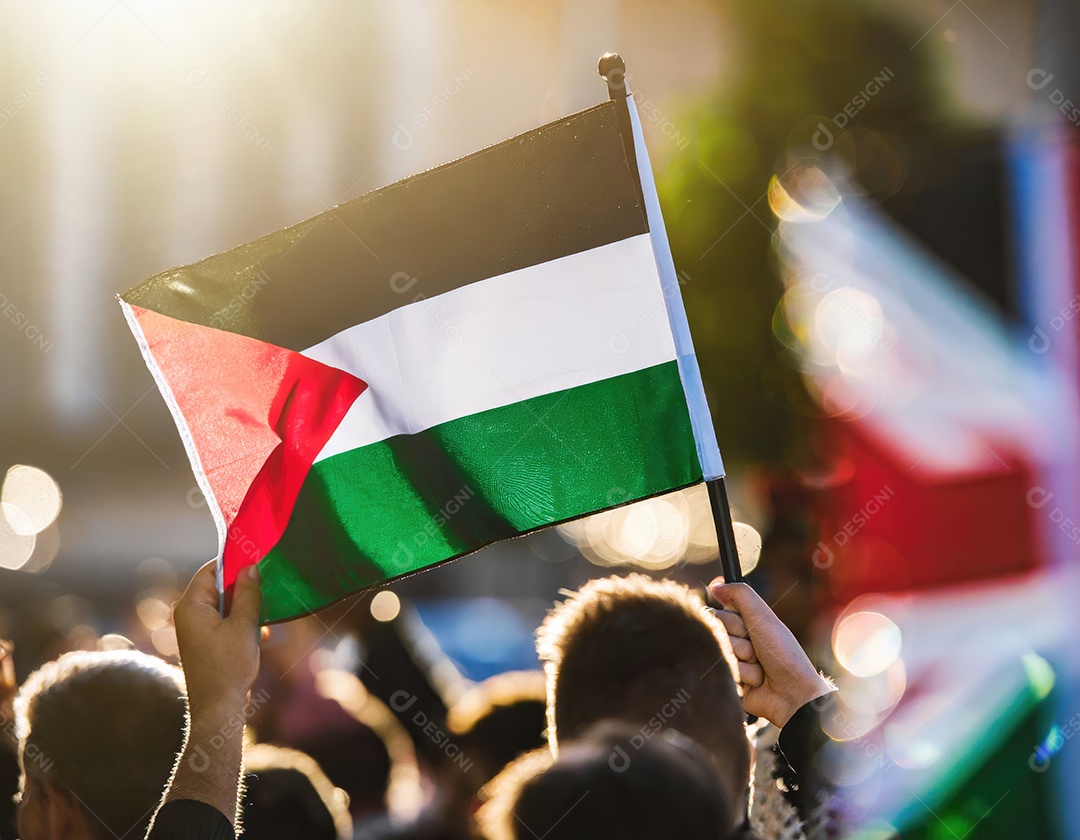 Protesto pela liberdade palestina Firefly, pessoas desfocadas, reflexo luminoso do sol