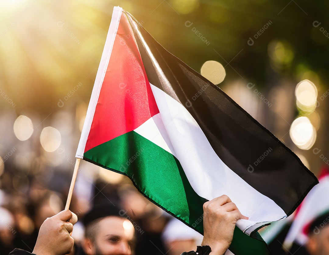 Protesto pela liberdade palestina Firefly, pessoas desfocadas, reflexo luminoso do sol