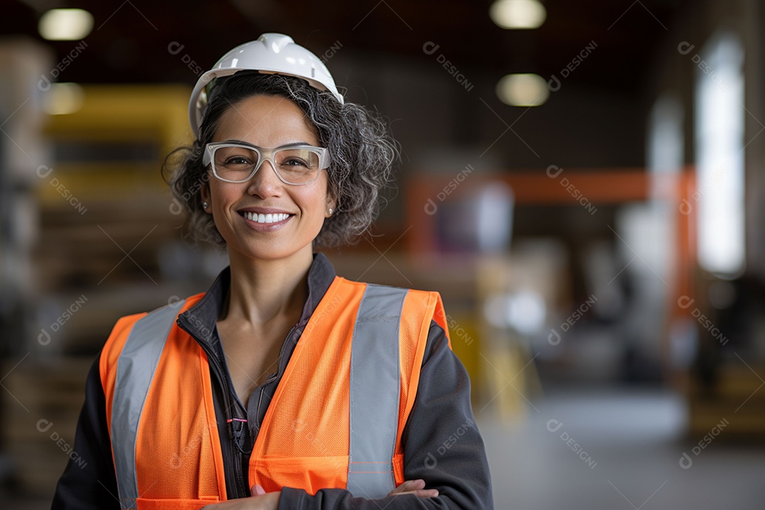 Retrato de uma engenheira sorridente no local usando capacete, colete de alta visibilidade e EP