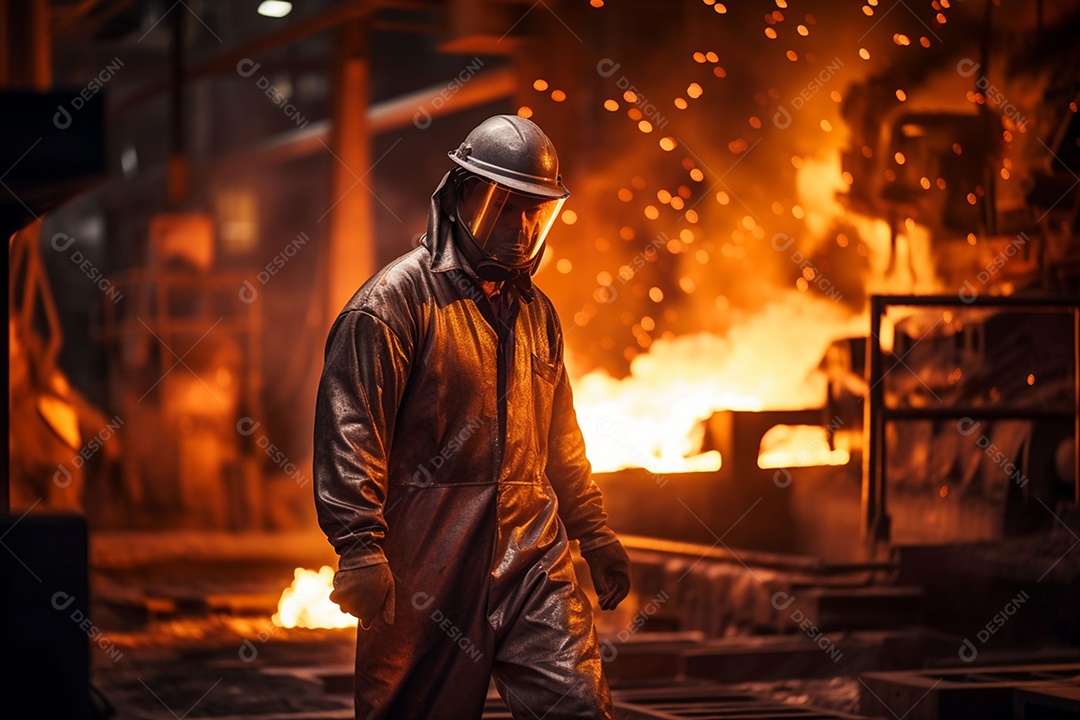 Jovem trabalhador com roupas de proteção trabalhando no alto-forno em uma fundição de ferro