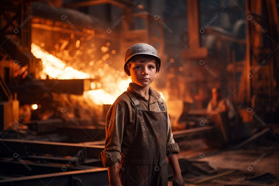 Jovem trabalhador com roupas de proteção trabalhando no alto-forno em uma fundição de ferro