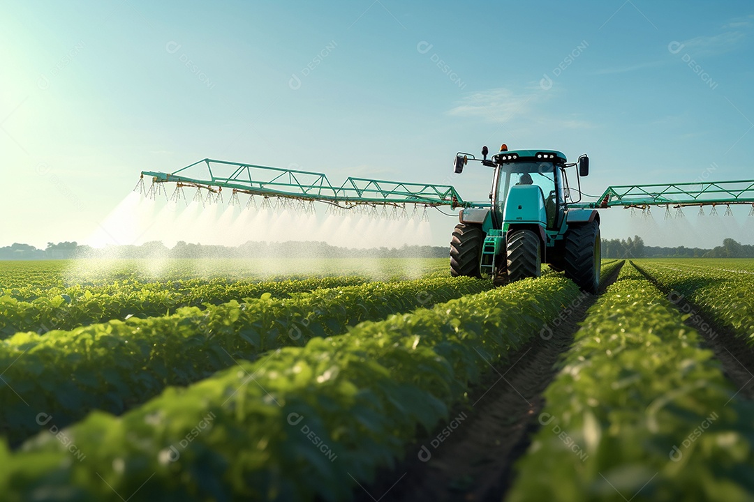 Trator pulverizando fertilizantes pesticidas em campos agrícolas