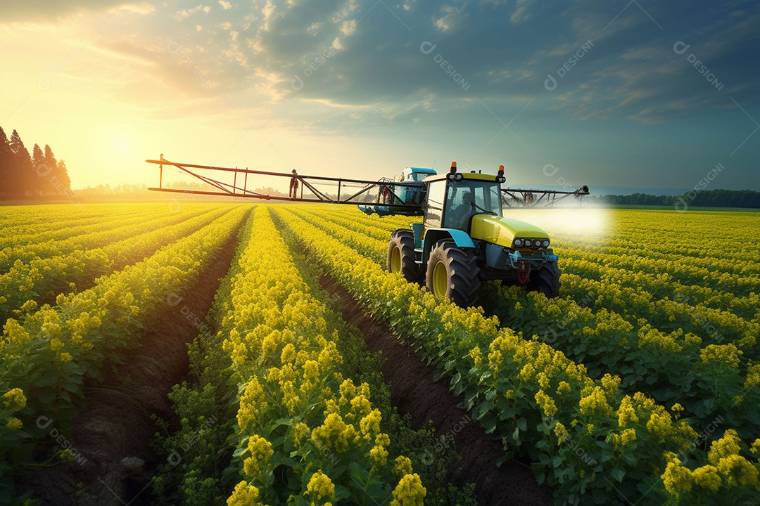 Trator pulverizando fertilizantes pesticidas em campos agrícolas