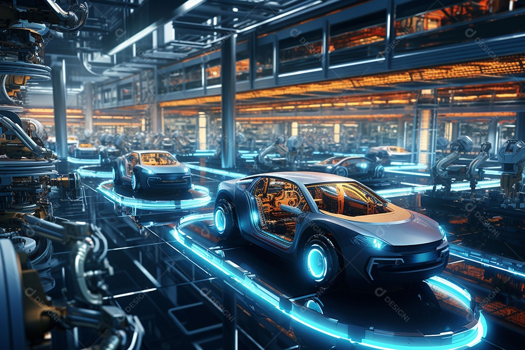 Linha de montagem robótica em uma fábrica automotiva