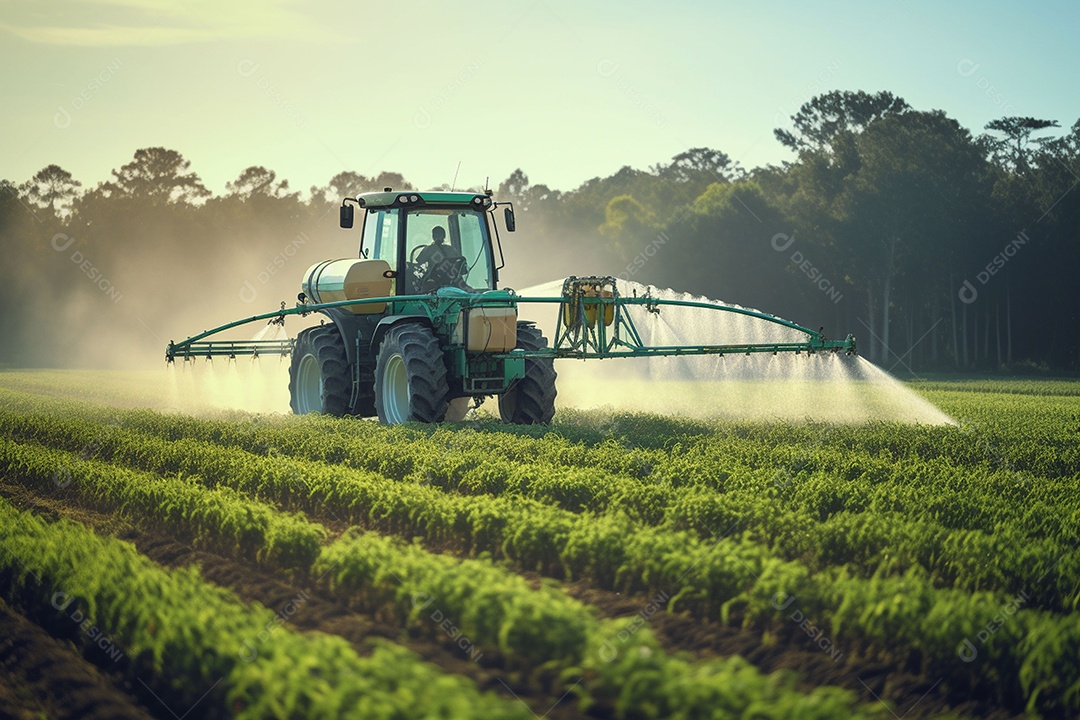 Trator pulverizando fertilizantes pesticidas em campos agrícolas