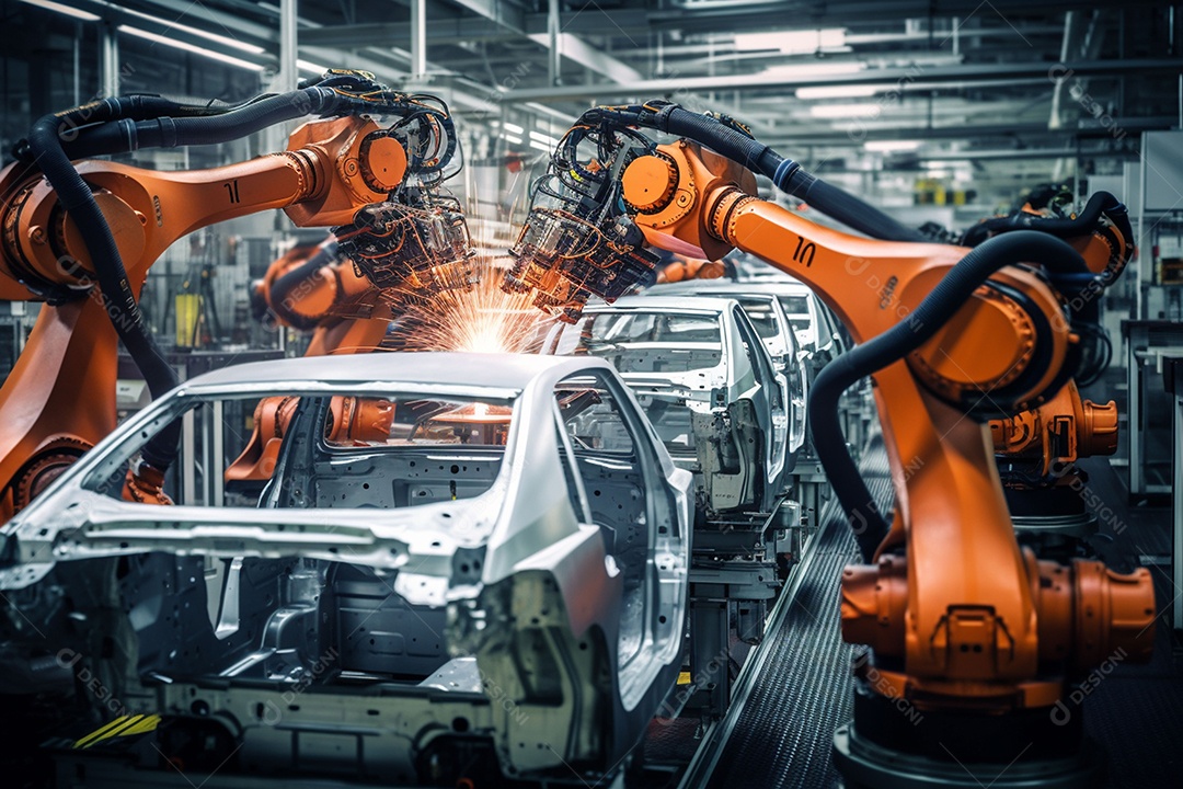 Linha de montagem robótica em uma fábrica automotiva