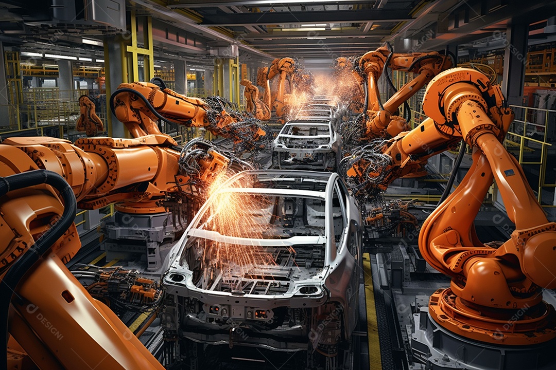 Linha de montagem robótica em uma fábrica automotiva