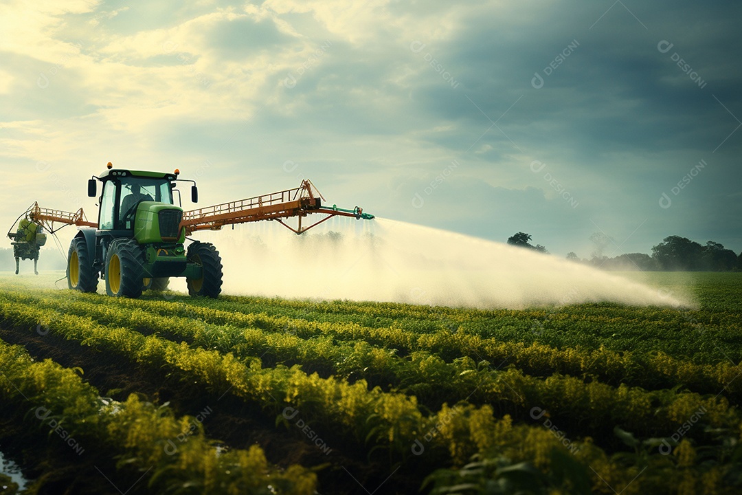 Trator pulverizando fertilizantes pesticidas em campos agrícolas