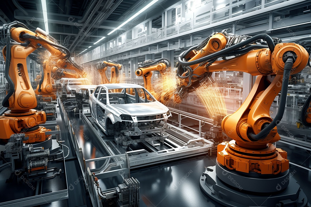 Linha de montagem robótica em uma fábrica automotiva