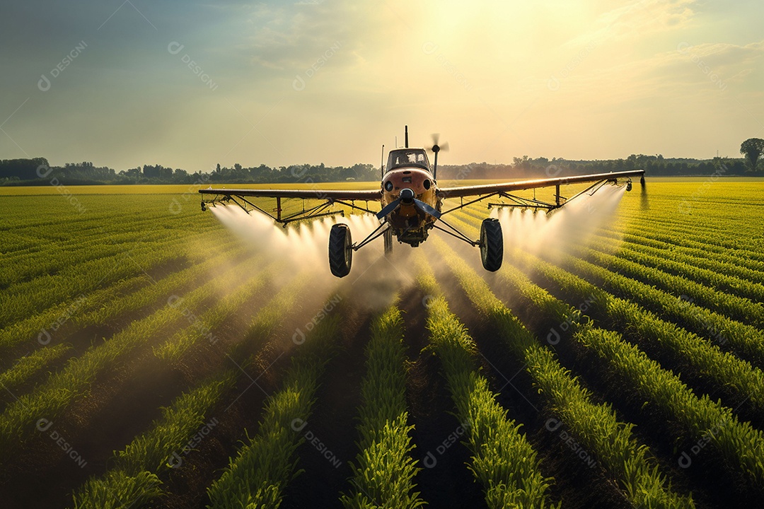 Trator pulverizando fertilizantes pesticidas em campos agrícolas