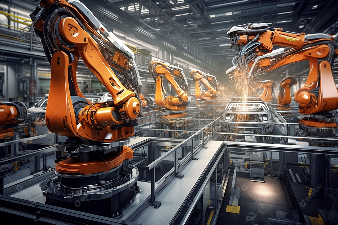 Linha de montagem robótica em uma fábrica automotiva