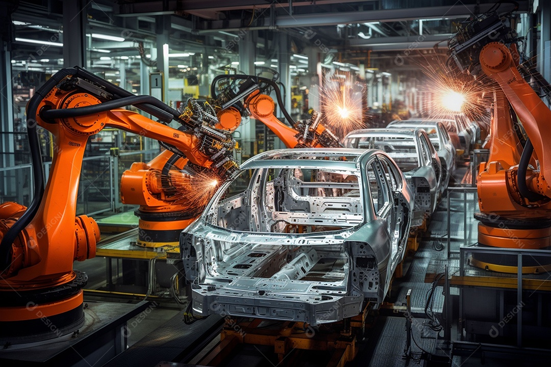 Linha de montagem robótica em uma fábrica automotiva