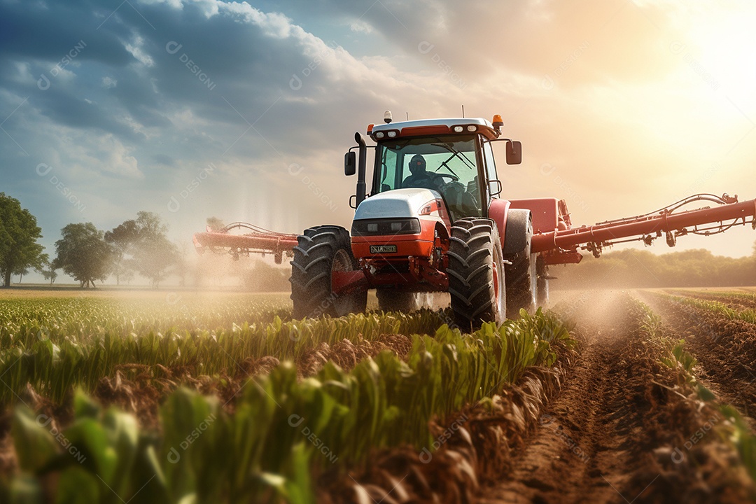 Trator pulverizando fertilizantes pesticidas em campos agrícolas