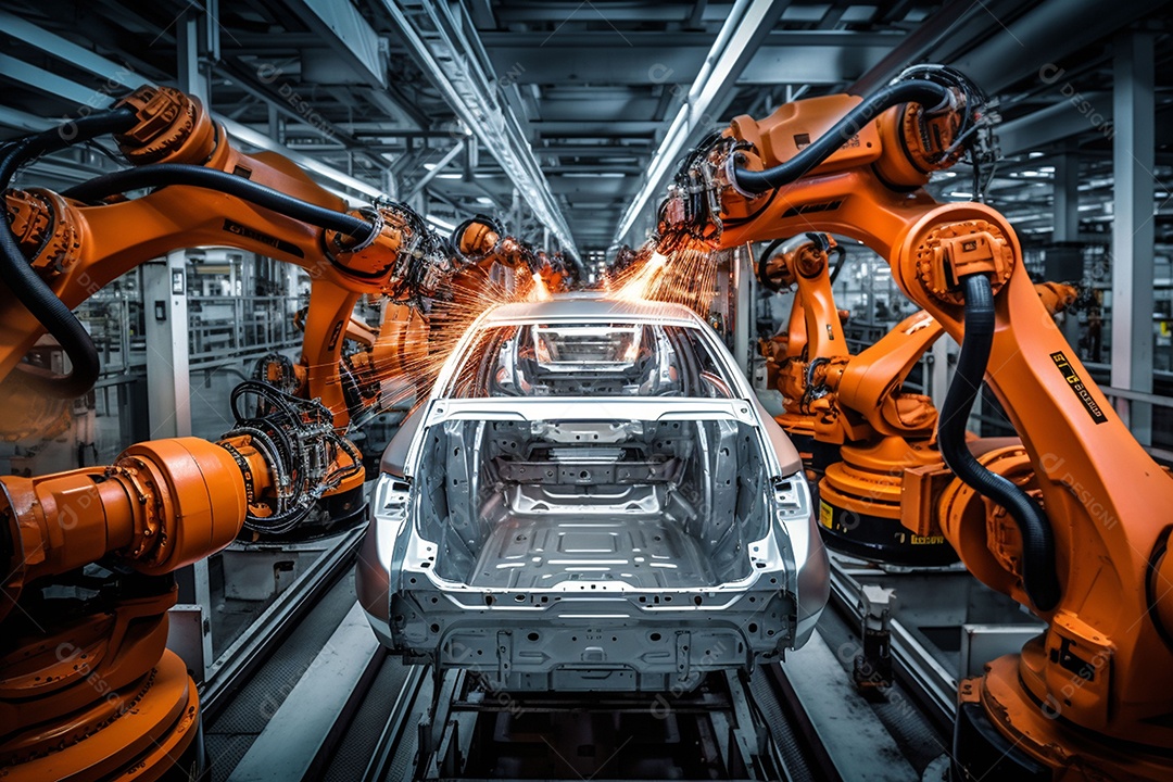 Linha de montagem robótica em uma fábrica automotiva