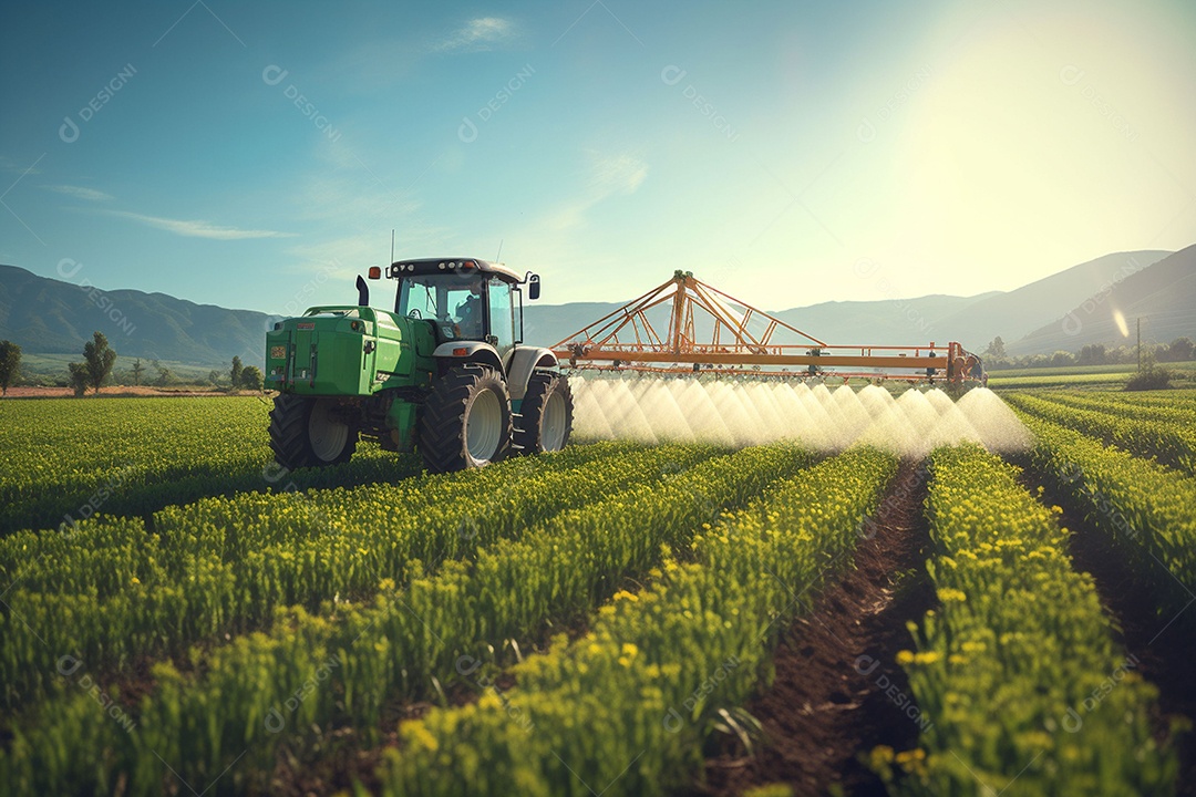Trator pulverizando fertilizantes pesticidas em campos agrícolas