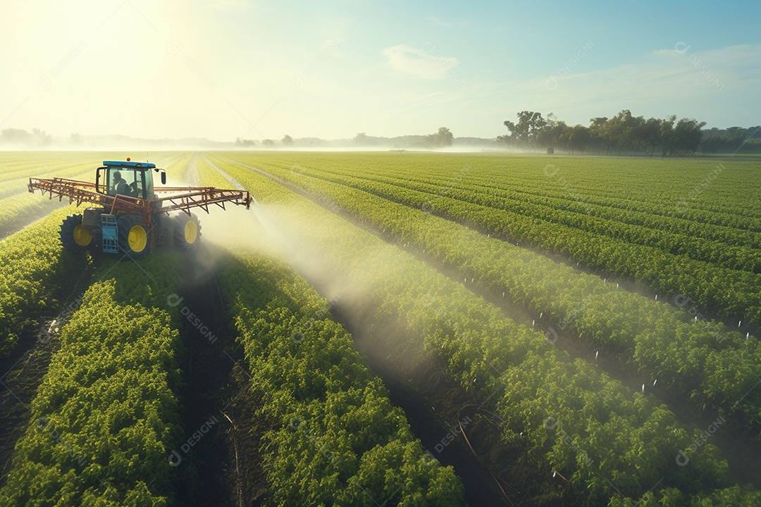 Trator pulverizando fertilizantes pesticidas em campos agrícolas