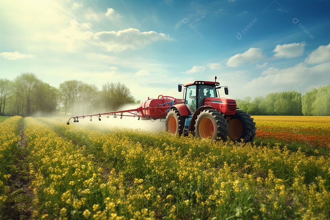 Trator pulverizando fertilizantes pesticidas em campos agrícolas
