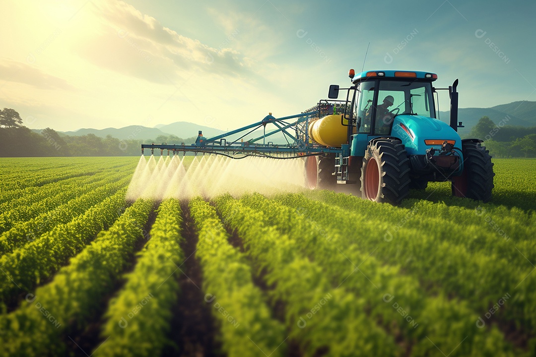 Trator pulverizando fertilizantes pesticidas em campos agrícolas