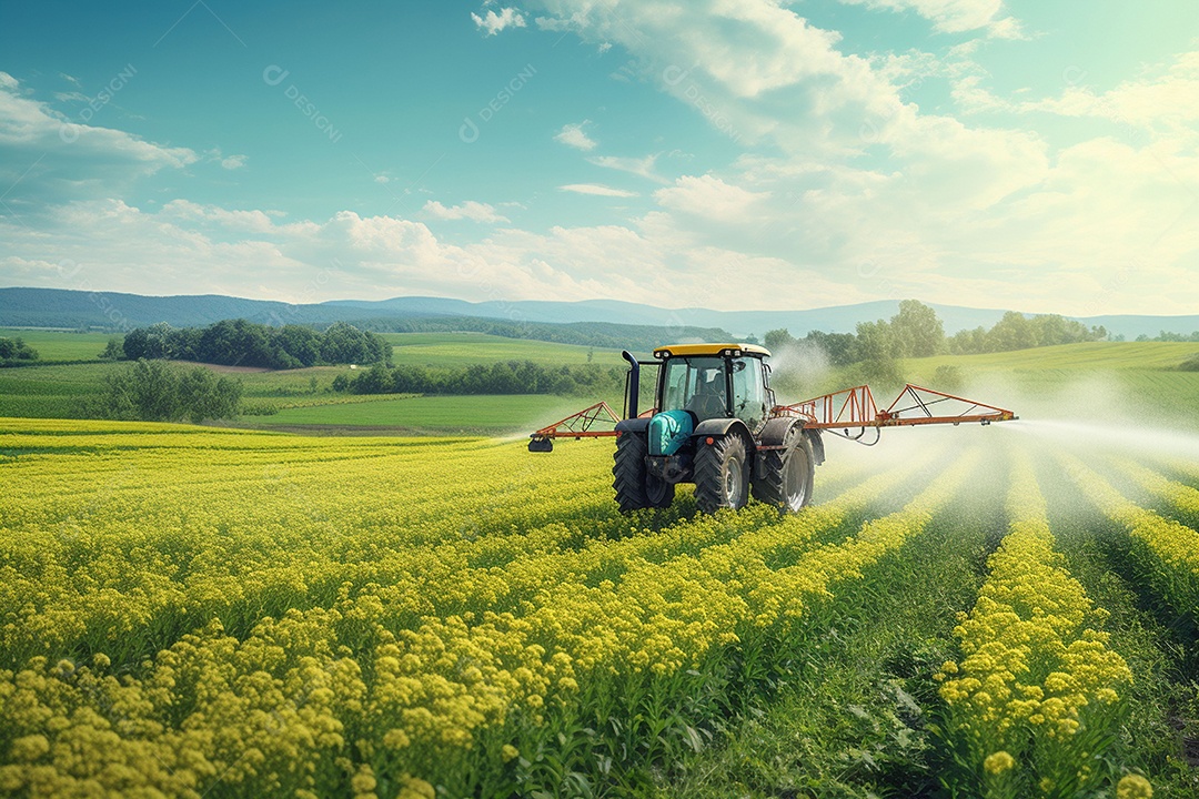 Trator pulverizando fertilizantes pesticidas em campos agrícolas