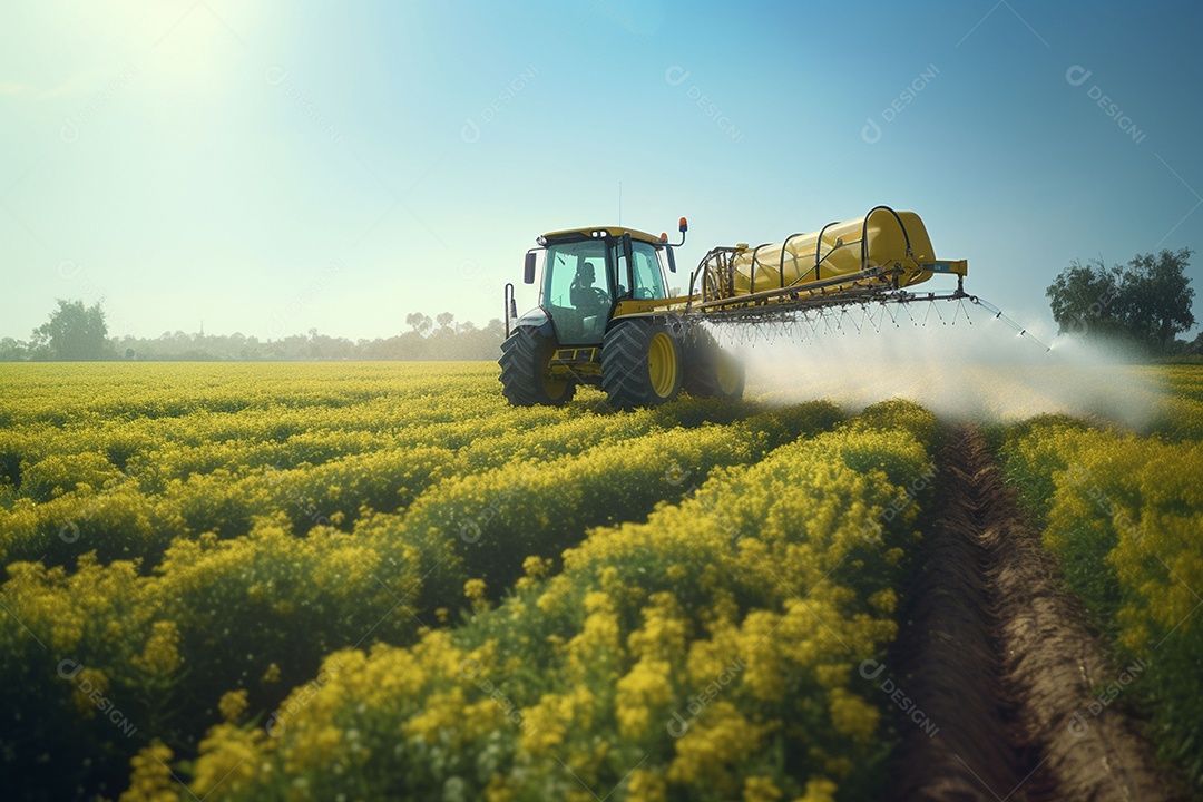 Trator pulverizando fertilizantes pesticidas em campos agrícolas