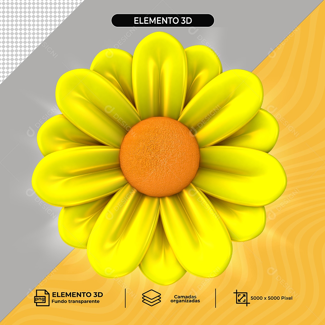 Elemeto 3D Flor Amarela Para Composição PSD