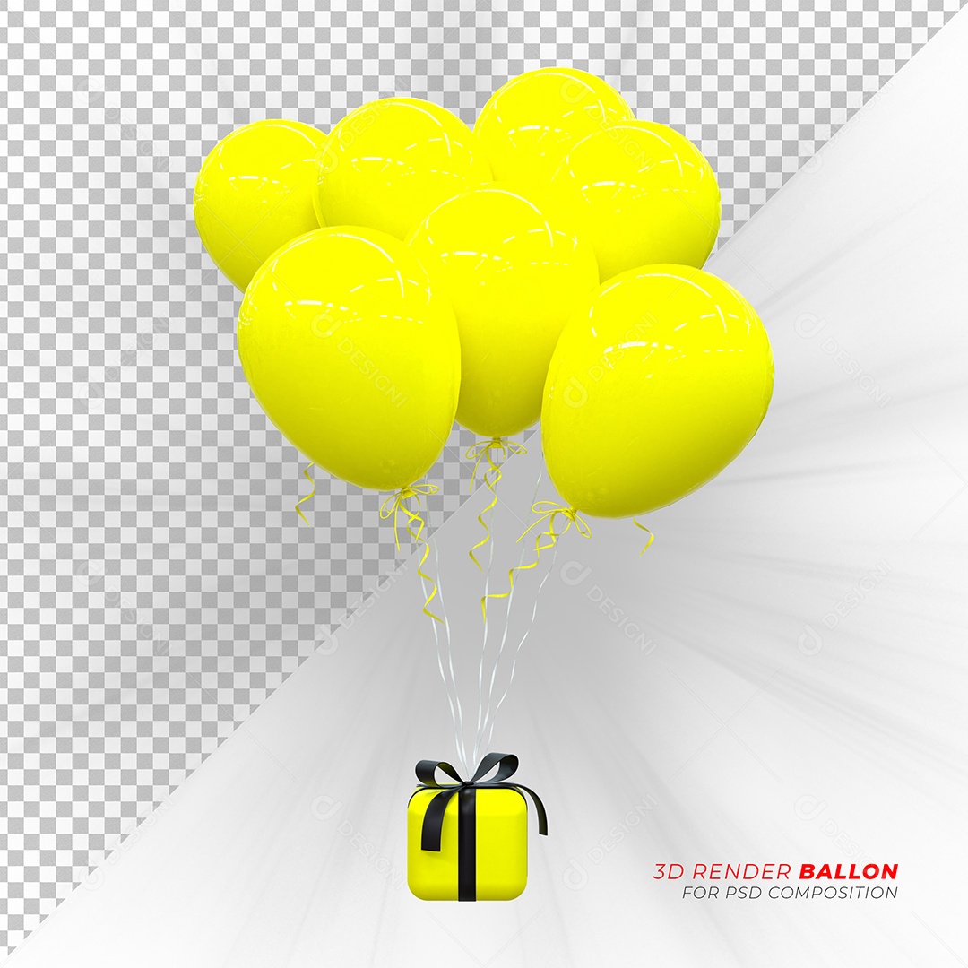 Caixa de Presente Balão Elemento 3D Amarelo Preto para Composição PSD