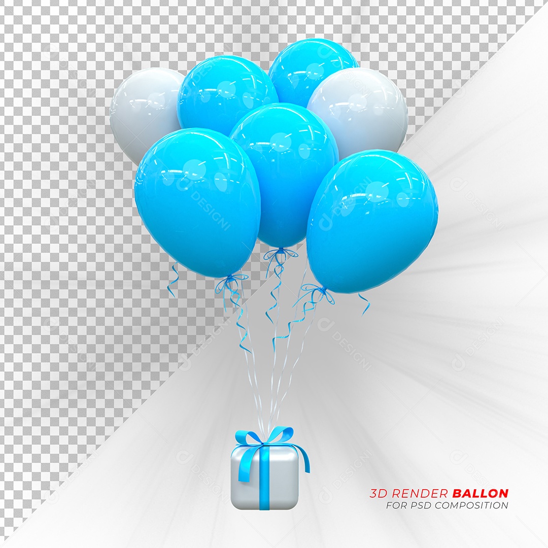 Caixa de Presente Balão Elemento 3D Azul Branco para Composição PSD.zip.zipd.