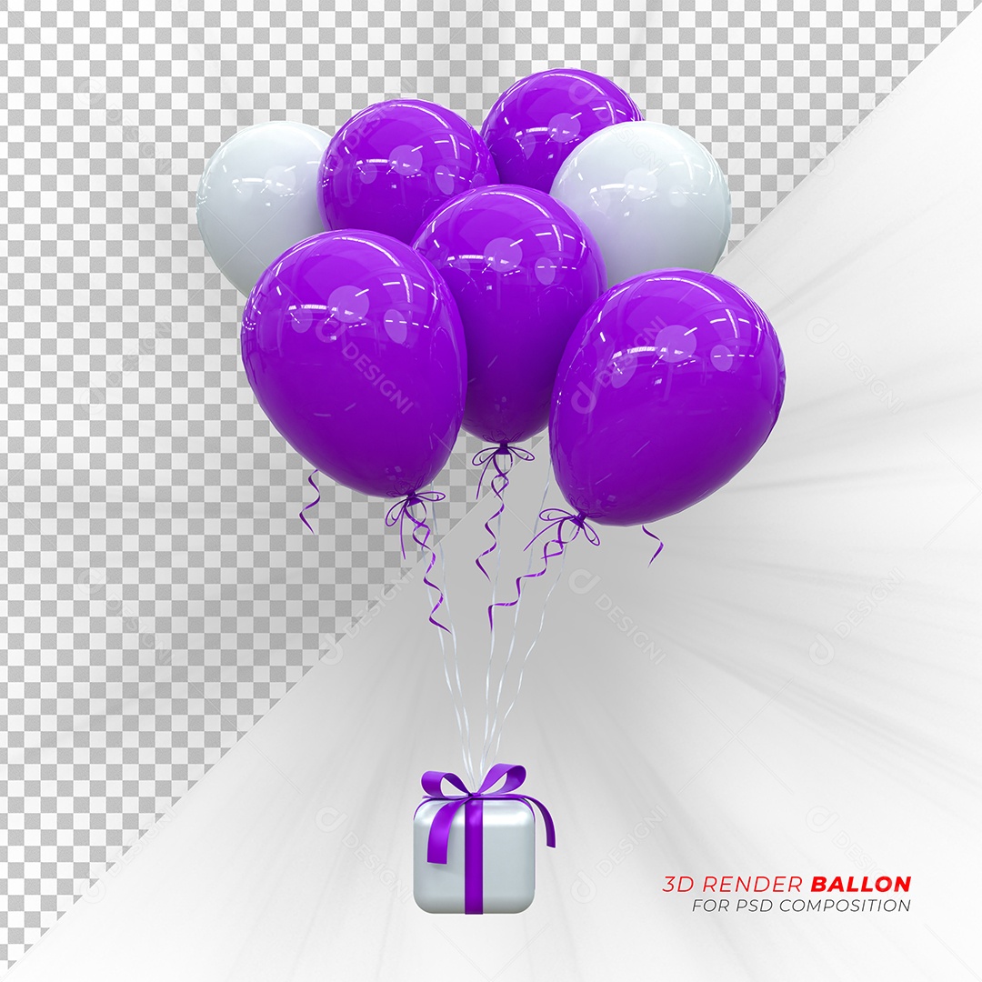 Caixa de Presente Balão Elemento 3D Branco Roxo para Composição PSD