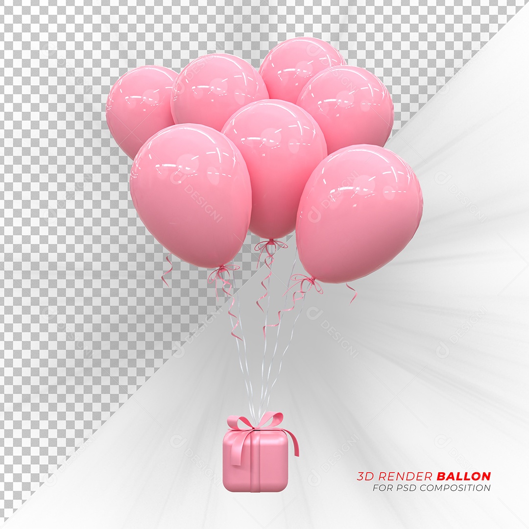 Caixa de Presente Balão Elemento 3D Rosa para Composição PSD