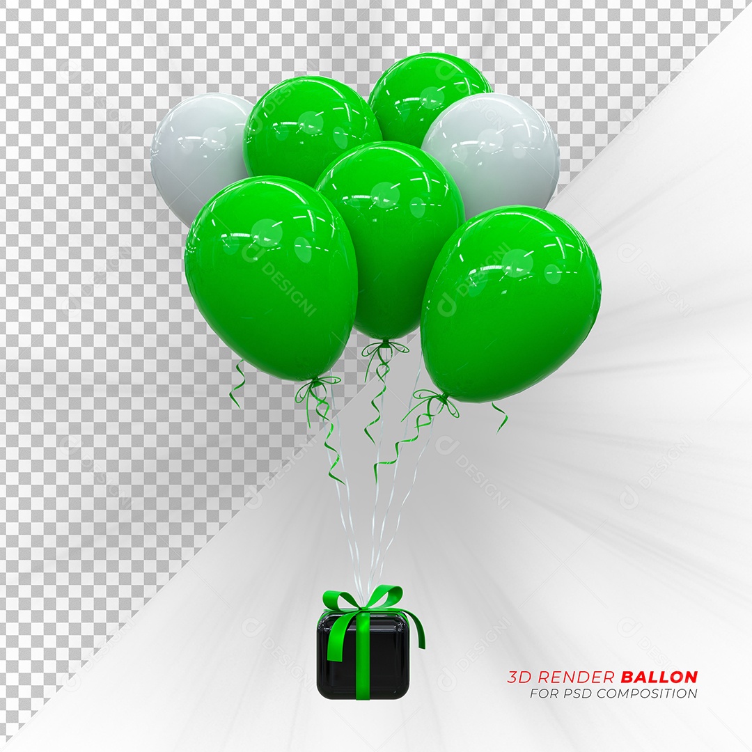 Caixa de Presente Balão Elemento 3D Verde Branco para Composição PSD