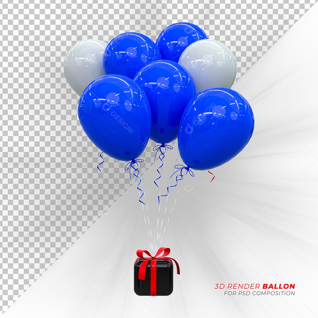 Caixa de Presente Balão Elemento 3D Vermelho Preto Azul Branco para Composição PSD