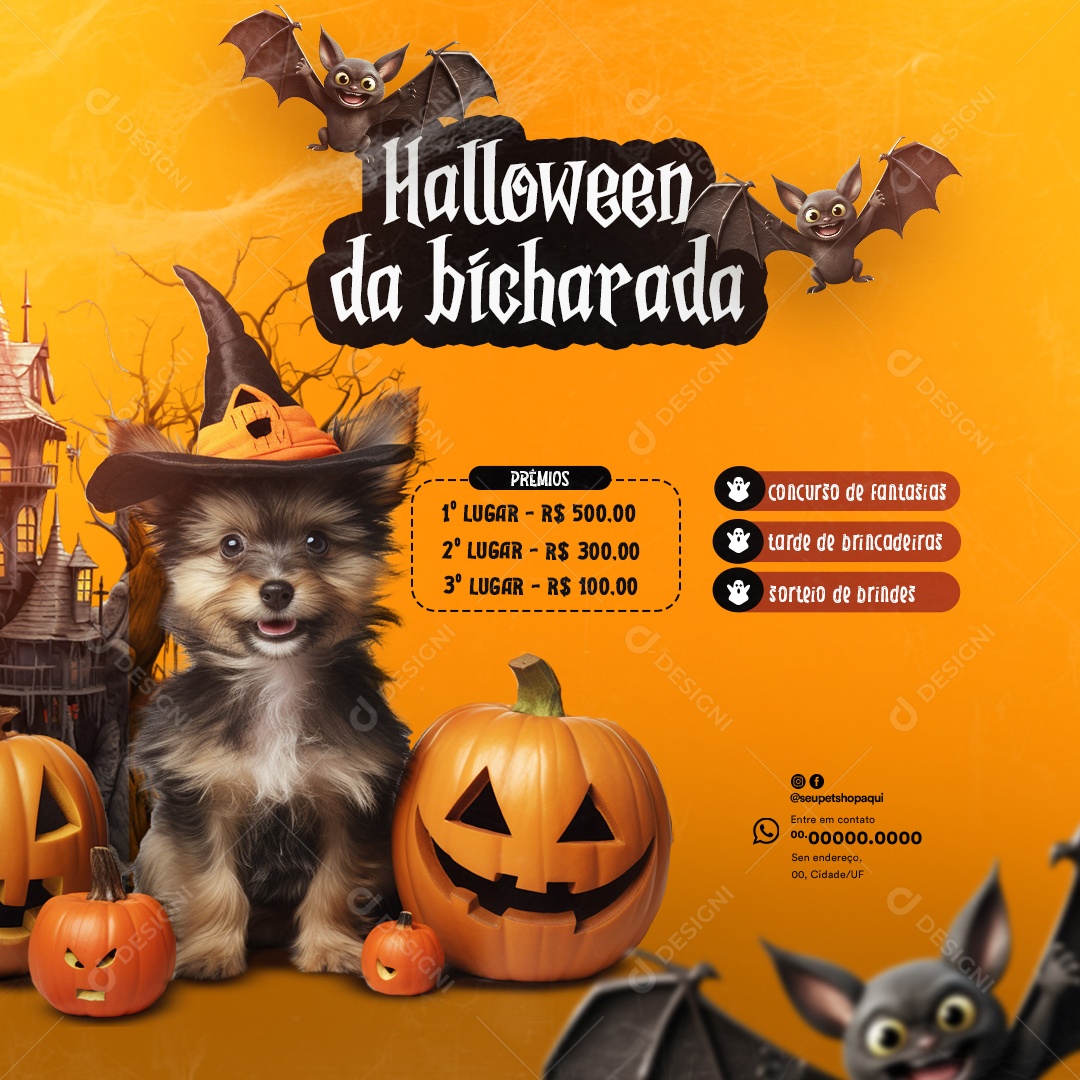 Concurso Halloween da Bicharada Prêmios Concurso de Fantasia Brincadeiras Sorteios e Brindes Social Media PSD Editável