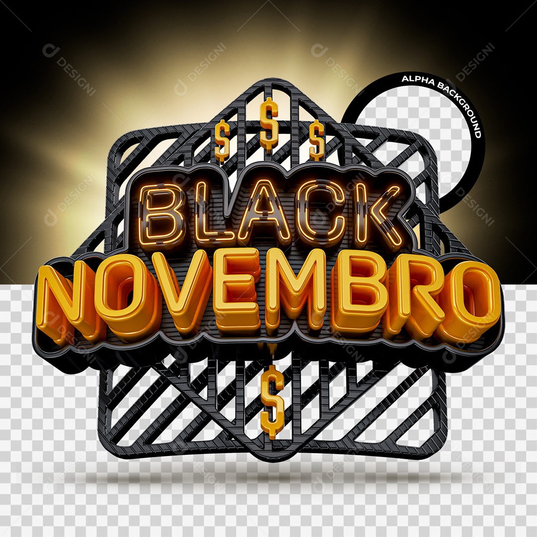 Black Novembro Selo 3D Dourado e Preto com Neon para Composição PSD