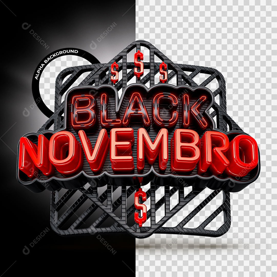 Black Novembro Selo 3D Vermelho e Preto com Neon para Composição PSD