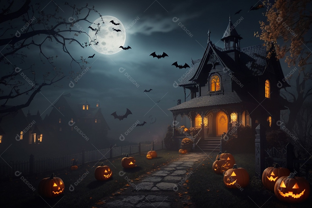 Uma casa característica do Halloween com toda sua ambientação assustadora