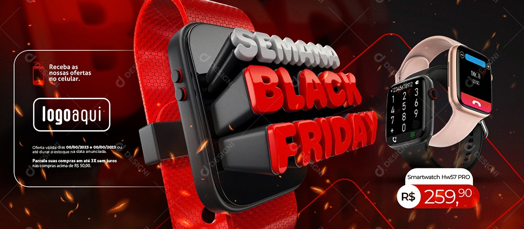 Banner Semana Black Friday Smartwatch Loja de Eletrônicos Social Media PSD Editável